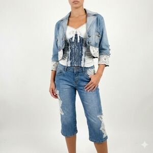 Miss F&2 Vintage Lace Trim Cream Blue Top and Shorts